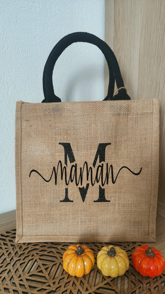 Sac en jute personnalisé avec le mot "Maman" - idées cadeau fête des mères