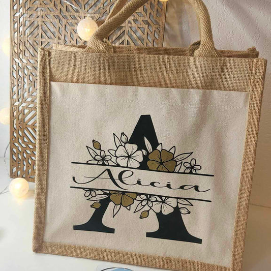 Sac cabas en jute personnalisé avec initiale florale et prénom - idée cadeau
